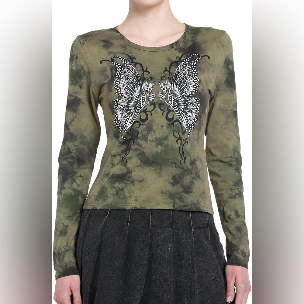 Gothic Skeleton Fairy Graphic Long Sleeve Tee in Earthy tones - Hot Topic